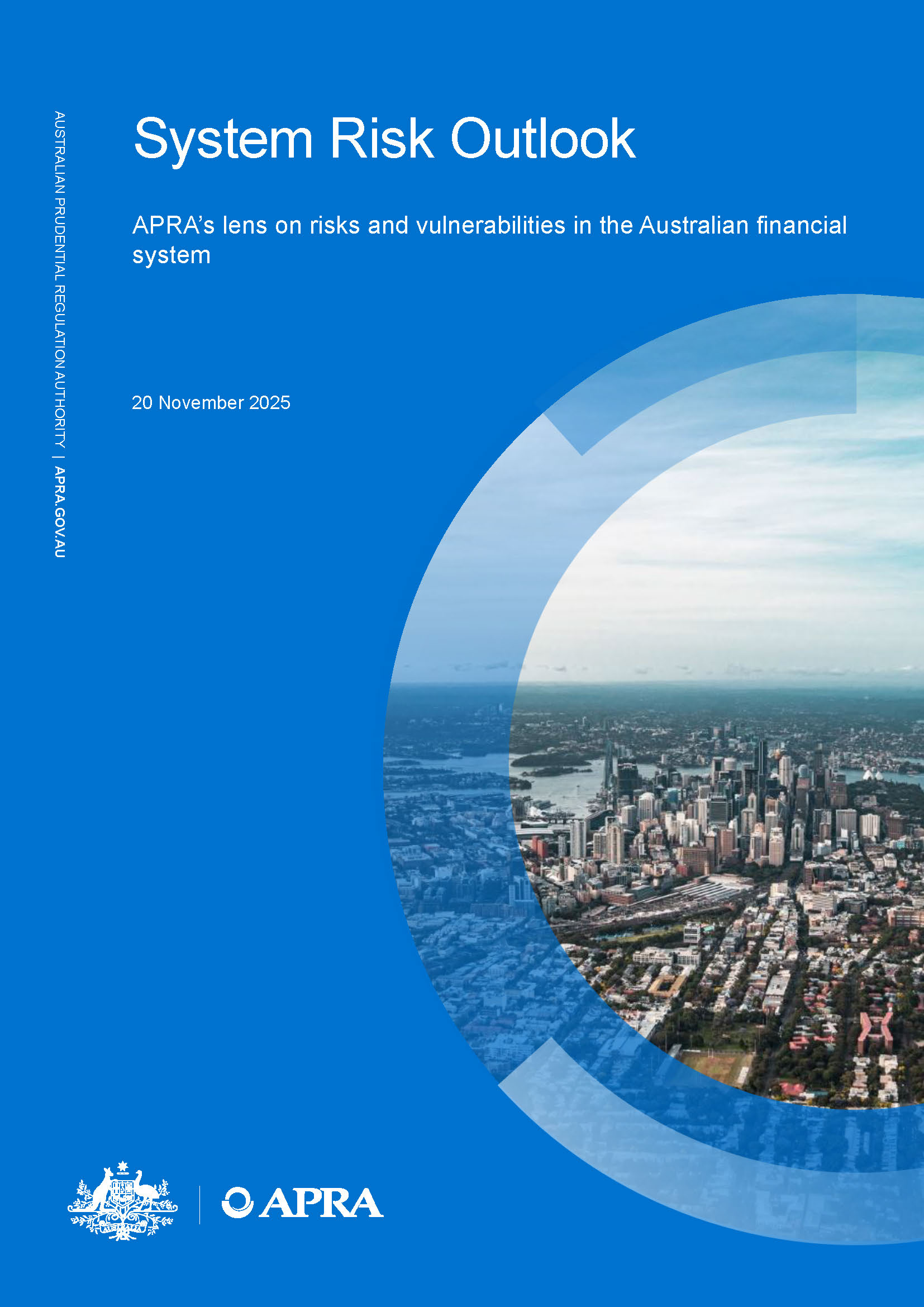Cover page with APRA logo and aerial view of Sydney CBD, title - 'System Risk Outlook'