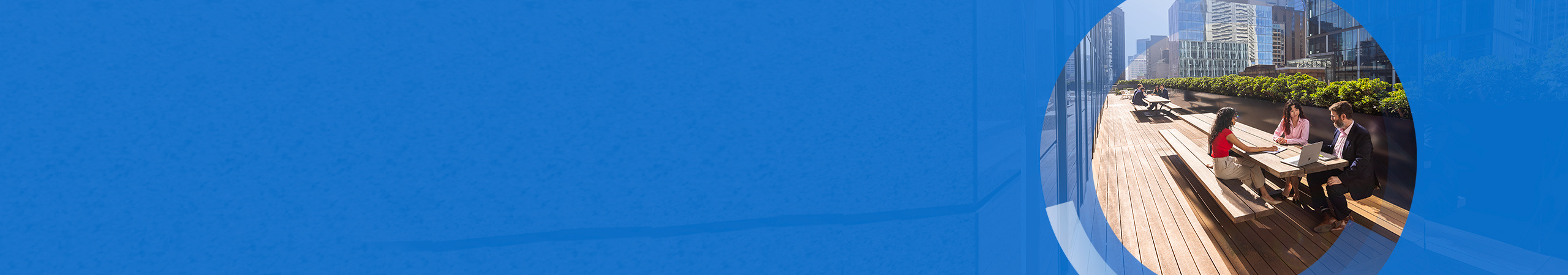 A rooftop with people sitting at a picnic table under a clear sky. Surrounding cityscape includes high-rise buildings and green plants.