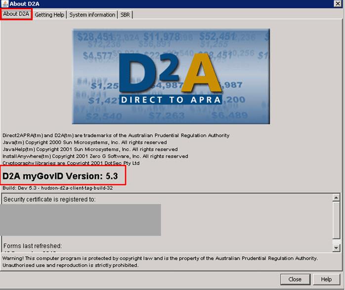 Screenshot of the About D2A tab with the updated version number highlighted