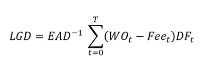 Equation for the discounted write-off approach showing that the realised loss is the sum of discounted write-off amounts less post-default fees