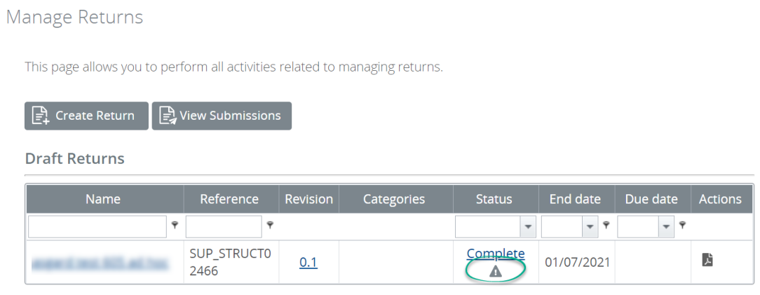 Screenshot of Manage Returns screen showing exclamation mark