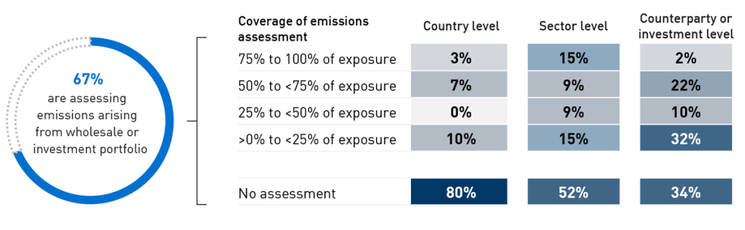 Infographic showing 67 per cent of institutions reported having assessed emissions arising from wholesale or investment portfolio, with 66 percent of institutions performing counterparty or investment level assessments, 48 per cent performing sector level assessments and 20 per cent performing country level assessments.