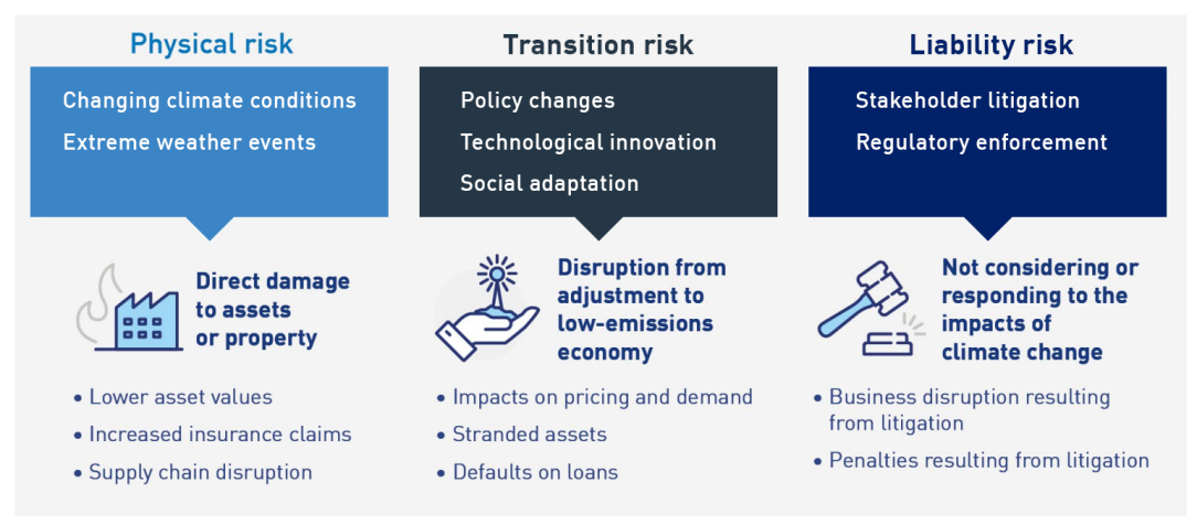 Physical risk: •	Changing climate conditions •	Extreme weather events Physical risk includes direct damage to assets or property and may lead to: •	Lower asset values •	Defaults on loans •	Increased insurance claims  Transition risk: •	Policy changes •	Technological innovation •	Social adaptation Transition risk includes disruption from adjustment to low-carbon economy and may lead to: •	Impacts on pricing and demand •	Stranded assets •	Supply chain disruption  Liability risk: •	Stakeholder litigation •	Reg