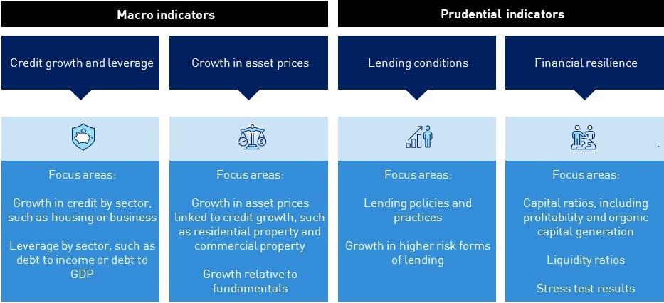 Macro indicators:Credit growth and leverage – Growth in credit by sector, such as housing or business; Leverage by sector, such as debt to income or debt to GDP. Growth in asset prices –Growth in asset prices linked to credit growth, such as residential property and commercial property; Growth relative to fundamentals. Prudential indicators:Lending conditions – Lending policies and practices; Growth in higher risk forms of lending. Financial resilience – Capital ratios; Liquidity ratios; Stress test results