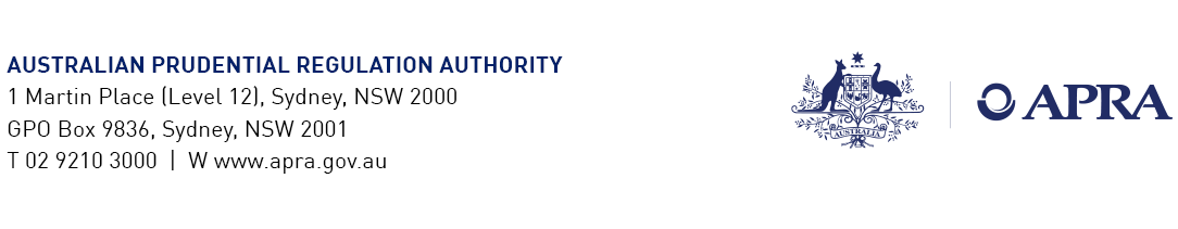 This image shows APRA's contact details: AUSTRALIAN PRUDENTIAL REGULATION AUTHORITY - 1 Martin Place (Level 12), Sydney, NSW 2000 - GPO Box 9836, Sydney, NSW 2001. Telephone: 02 9210 3000, Website: www.apra.gov.au. Australian coat of arms - APRA