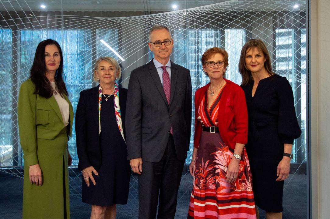 This picture shows 2023 APRA Executive Board (L–R), Member Therese McCarthy Hockey, Deputy Chair Margaret Cole, Chair John Lonsdale, Deputy Chair Helen Rowell, and Member Suzanne Smith.