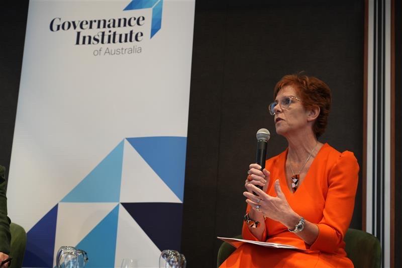 This image shows Helen Rowell delivering a keynote address at the Governance and Risk Management Forum on 17 May 2023.