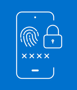 Icon of a mobile phone showing multi-factor authentication icons on the screen: a fingerprint, a lock and a 4-digit password.
