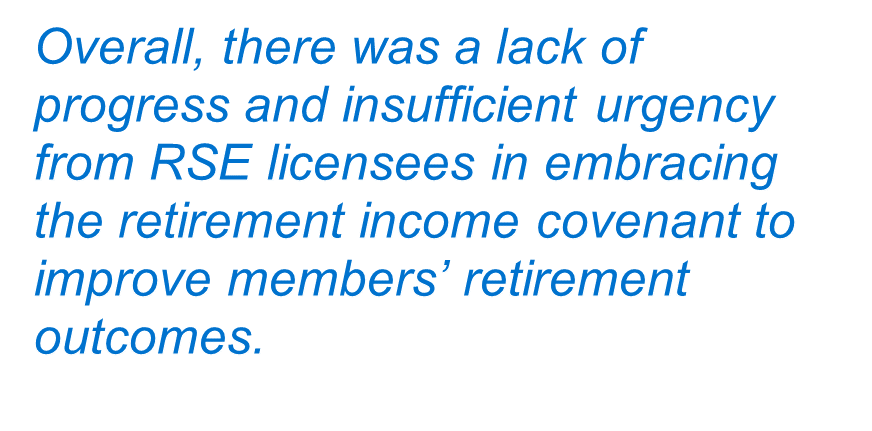 Overall, there was a lack of progress and insufficient urgency from RSE licensees in embracing the retirement income covenant to improve members’ retirement outcomes.