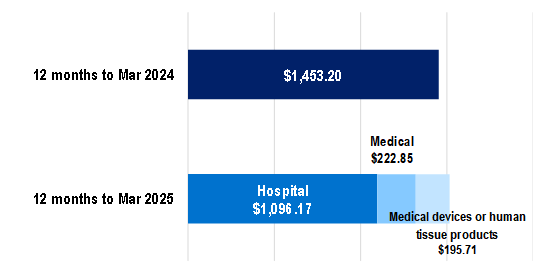 The largest amount of benefits per person was spent on hospital accommodation and medical, followed by medical services and then medical devices or Human tissue products benefits