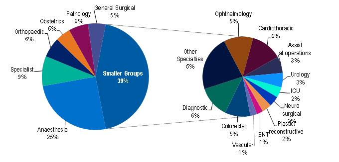 Medical benefits by Speciality group for the 31 March 2025. The medical service for which the greatest number of benefits was paid was anaesthetics, comprising 25% of all medical benefits. 