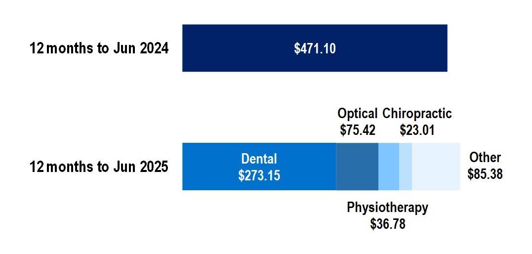 General treatment benefits per person (ancillary). The largest component of ancillary benefits is dental, for which $273.15 was paid per insured.