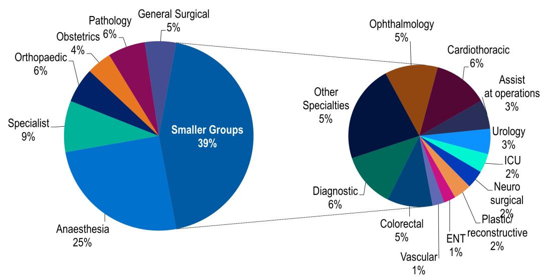 Medical benefits by Speciality group for the 30 June 2025. The medical service for which the greatest number of benefits was paid was anaesthetics, comprising 25.2% of all medical benefits. 