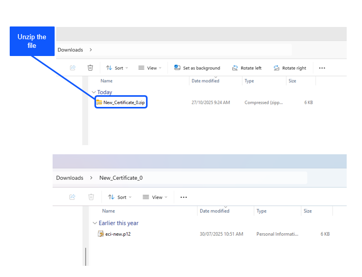 File Explorer windows show the process of unzipping a file. A blue arrow points to "New_Certificate_0.zip" in "Downloads," instructing, "Unzip the file." Below, a folder named "New_Certificate_0" contains a file "eci-new.p12."