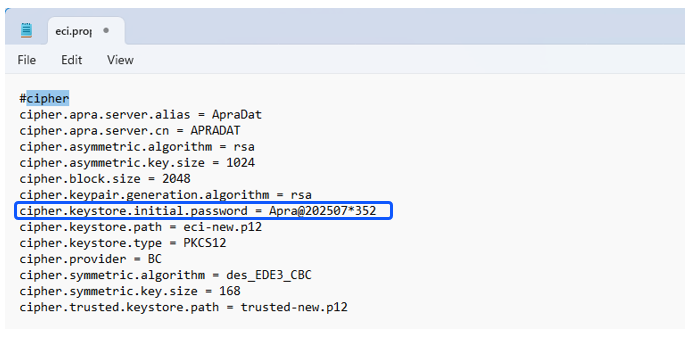 Alt text: A text editor displaying configuration settings for encryption. A line specifying a keystore password is highlighted. The tone is technical.