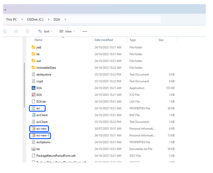 A file explorer window shows a "D2A" folder on drive C. Files like "eci" and "eci-new" are highlighted. Types and dates are listed, suggesting active work.