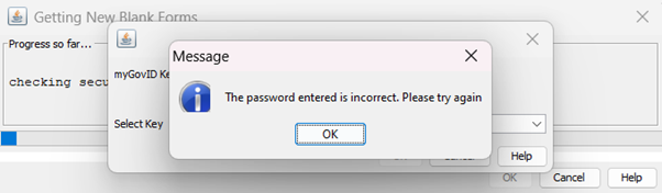 Screenshot of troubleshooting scenario reflecting an incorrect password notification