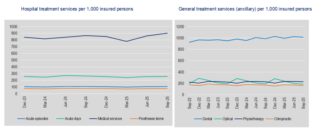 Two line graphs show treatment services per 1,000 insured people. The left graph depicts hospital services with varying lines for acute episodes and days, medical, and prostheses, while the right graph shows general services including dental, optical, physiotherapy, and chiropractic.