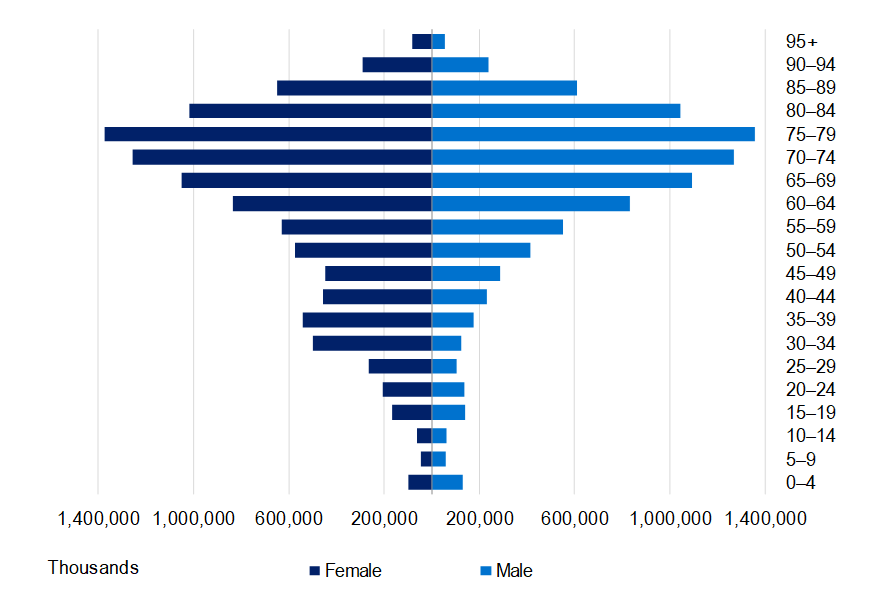 Population pyramid graph displaying age distribution in thousands. Males on the right, females on the left. Wider bars in older age groups indicate an aging population.
