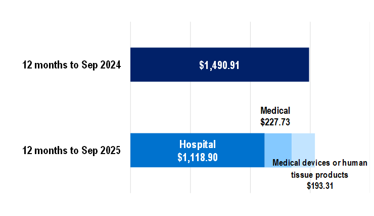 Bar chart comparing expenditures over two periods. Top bar (2024) shows $1,490.91. Bottom bar (2025) splits into Hospital $1,118.90, Medical $227.73, and Medical devices or human tissue products $193.31.