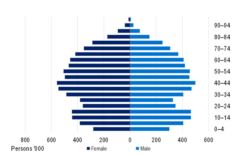Population pyramid chart showing age distribution by gender. Females are in dark blue and males in light blue. Ages range from 0-4 at the base to 90-94 at the top.