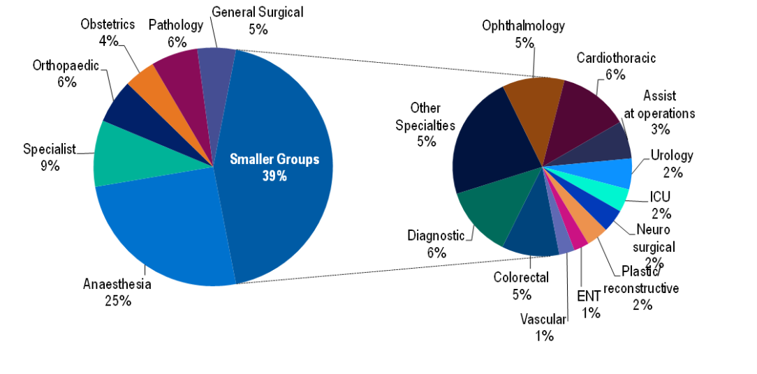 The image shows two pie charts. The left chart highlights healthcare specialties with anesthesia at 25% and smaller groups at 39%. The right chart shows diverse specialties like cardiothoracic at 6% and other specialties at 5%.