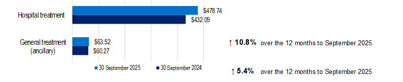 Bar chart comparing hospital and general treatment costs for September 2024 and 2025, showing a 10.8% and 5.4% increase, respectively, by 2025.