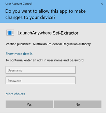 User account control prompt asking for permission to allow "LaunchAnywhere Self-Extractor" by a verified publisher. Requires admin username and password.