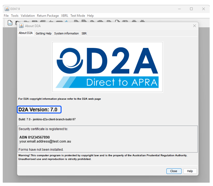 Software window titled "About D2A" displaying version 7.0 details. Shows logo, registration info, and a warning about copyright protection.