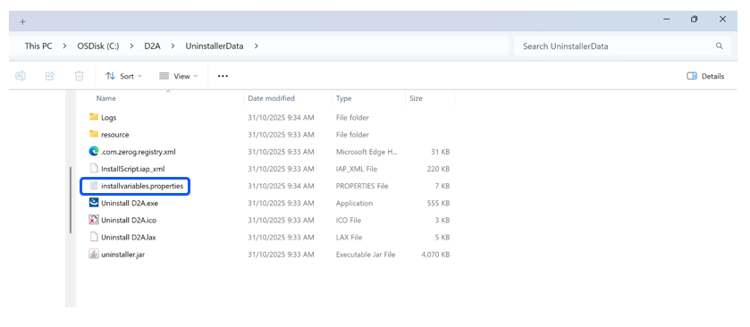 Windows File Explorer window displaying the "UninstallerData" folder contents. The file "installvariables.properties" is highlighted in blue.