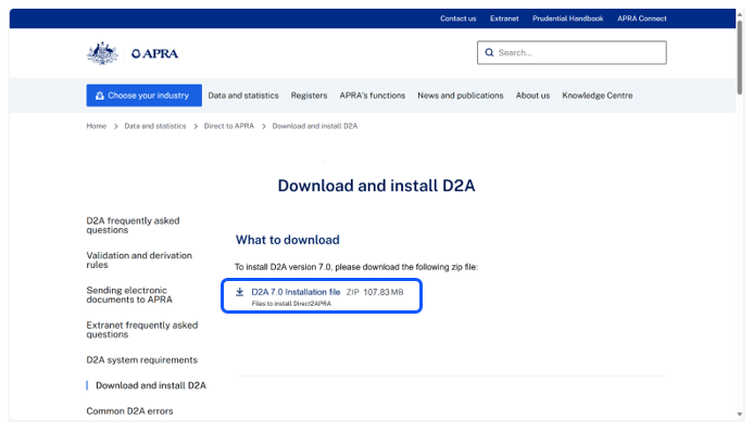 APRA webpage for downloading D2A version 7.0. Features a downloadable ZIP file link of 107.83 MB highlighted in blue. Navigation menu includes choices like 'Data and Statistics' and 'Knowledge Centre.'