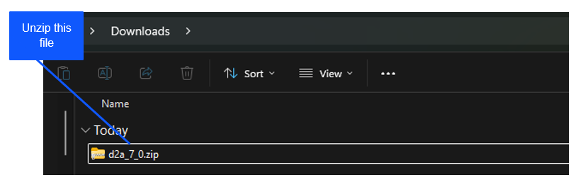 Screenshot of a file explorer showing a zipped folder named "d2a_7_0.zip" in the Downloads section. A blue arrow with a label reads "Unzip this file."
