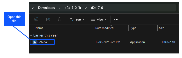 File explorer showing the path to "D2A.exe" in the Downloads folder. A blue arrow and box highlight "D2A.exe," with a note stating "Open this file."