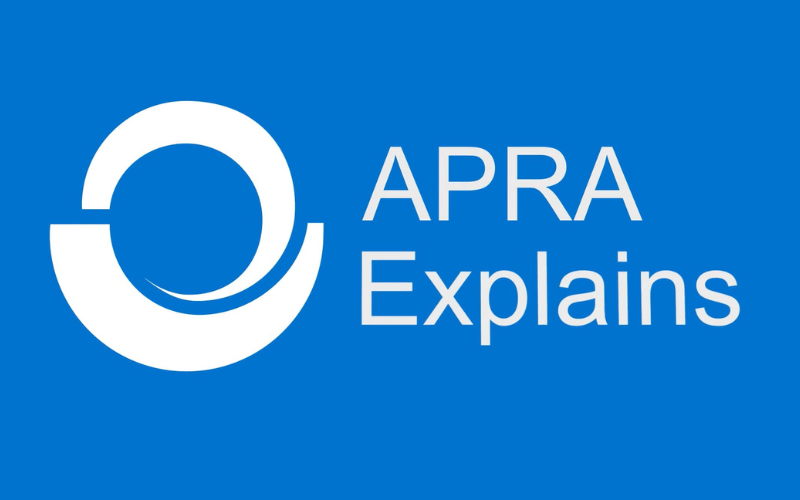 Blue background with white circular logo featuring a stylized open circle design on the left. Text reads "APRA Explains" in bold, modern font.