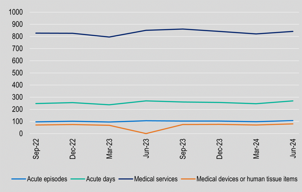 Hospital treatment services per 1,000 insured persons from June 2023 to June 2024.  Acute episodes is107.22, Acute days is 269.14, Medical services 841.25 and medical devices or human tissue items 80.34 for June 2024.