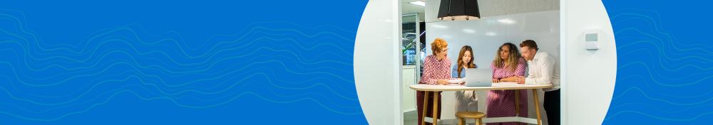 Section heading: 'Relationships'. Includes a decorative image of four people talking at a desk in an office