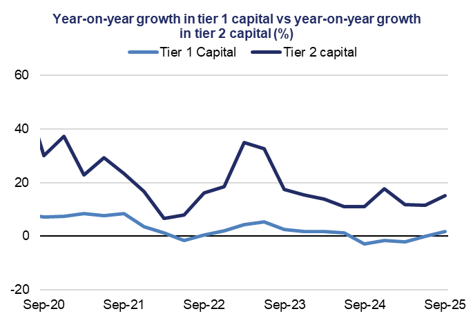  12) Line chart comparing year-on-year growth in Tier 1 and Tier 2 capital from Sep-20 to Sep-25. Tier 2 shows more fluctuation, while Tier 1 remains steady.