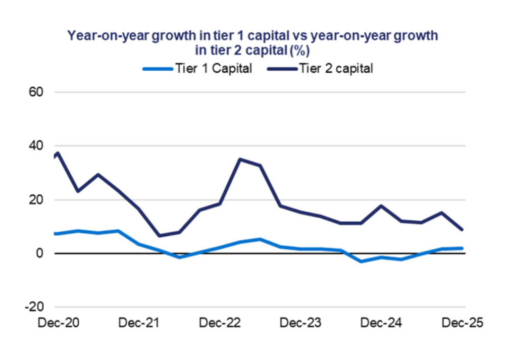 Year‑on‑year growth in Tier 2 capital is consistently higher and more volatile than Tier 1 capital, peaking around 2022 before declining and fluctuating, while Tier 1 capital growth remains relatively low and stable, briefly turning negative in 2021 and again around 2024 before recovering slightly by 2025.