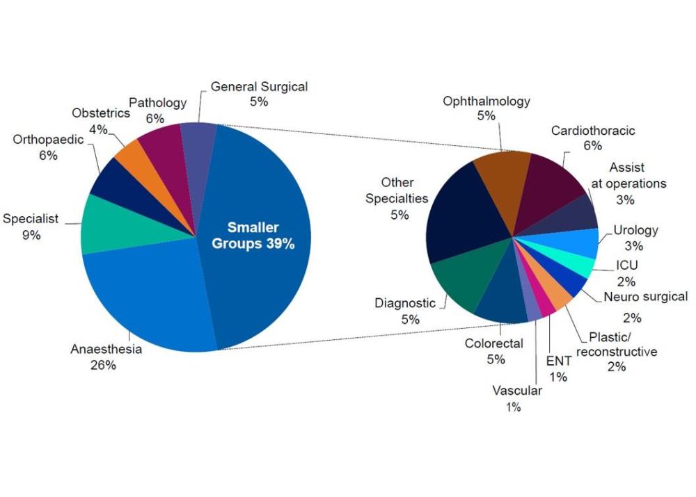 Medical benefits by specialty are distributed across multiple categories, with anaesthesia accounting for the largest share (26 per cent), followed by specialist services (9 per cent), orthopaedics (6 per cent), pathology (6 per cent), and general surgical (5 per cent). The remaining 39 per cent is spread across smaller specialty groups, including cardiothoracic, ophthalmology, diagnostic, colorectal, urology, intensive care, plastic and reconstructive, vascular, ENT, and other categories.