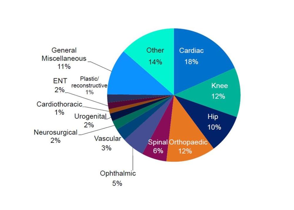 Hospital benefits by procedure category shown as a pie chart, with the largest shares from cardiac (18%), other (14%), knee (12%) and orthopaedic (12%), followed by hip (10%) and general miscellaneous (11%). Smaller shares include spinal (6%), ophthalmic (5%), vascular (3%), urogenital (2%), neurosurgical (2%), ENT (2%), and very small shares for plastic/reconstructive (1%) and cardiothoracic (1%).