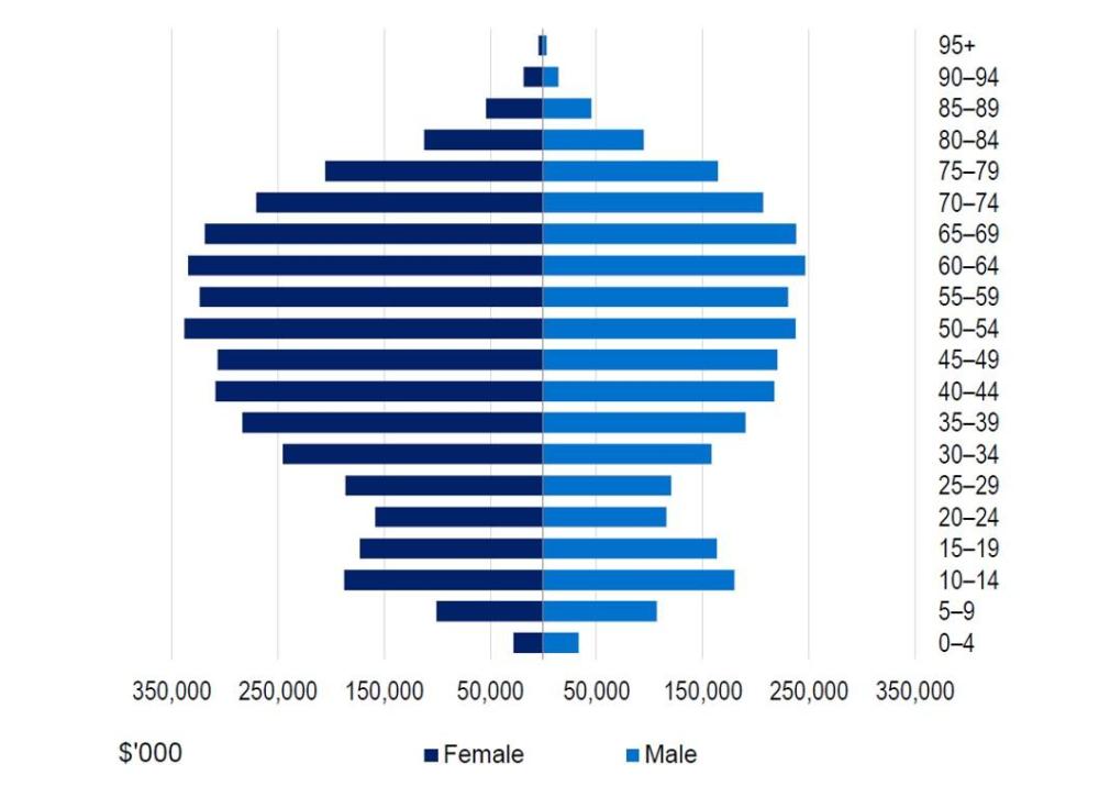 Total hospital benefits paid by age group (thousands) show a population pyramid, with the highest benefits in older age groups, particularly around 70–74 and 75–79. Benefits increase steadily with age from younger groups, then decline sharply from around 85–89 through 95+, with males and females showing similar overall patterns across age groups.