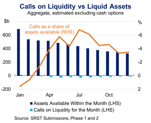 Bar chart and line graph combination showing calls on liquidity versus liquid assets from January to December. Dark blue bars represent assets available within the month, light blue bars show calls on liquidity, and an orange line indicates calls as a share of assets available, peaking around mid-year before declining.