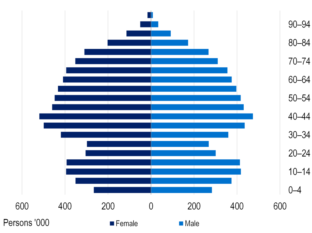 Population pyramid showing insured persons by age and sex. Coverage is highest among people aged 35–54 and lowest among those aged 85 and over.