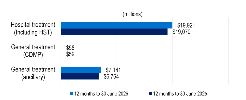 Grouped bar chart showing benefits paid increased for hospital treatment ($19.1bn to $19.9bn) and ancillary treatment ($6.8bn to $7.1bn), while CDMP benefits remained stable at about $59 million.