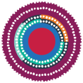 Circular Aboriginal artwork with concentric coloured rings representing interconnected outcomes.