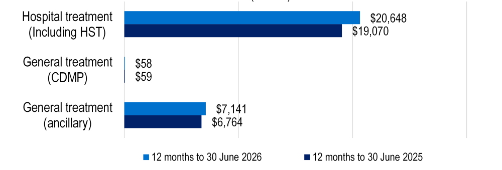 Grouped bar chart showing benefits paid increased for hospital treatment ($19.1bn to $19.9bn) and ancillary treatment ($6.8bn to $7.1bn), while CDMP benefits remained stable at about $59 million.