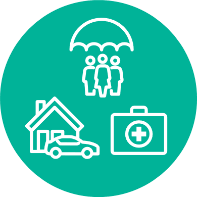 Icon showing 3 images: three people under an umbrella, an emergency kit and a car in front of a house.